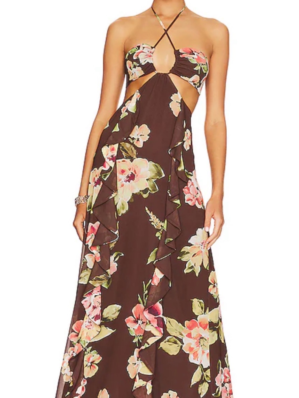Tularosa Brown Floral Cutout Maxi Dress